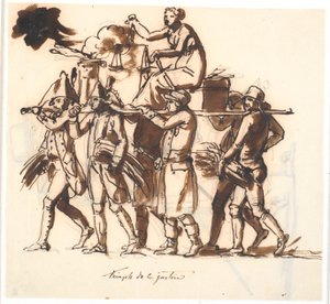 Le triomphe de la justice. Six hommes portent une civière sur laquelle la figure féminine de la justice est assise avec la balance - Nicolai Abildgaard