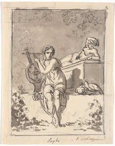 Sappho, assise avec sa lyre, en arrière-plan repose un hermaphrodite - Nicolai Abildgaard