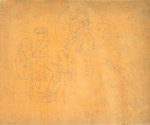 Femme assise avec deux enfants et portrait de profil en composition circulaire