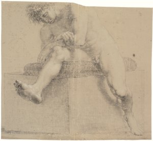 Modèle assis sur un socle bas avec un coussin. Les bras croisés. Jambe gauche pliée, jambe droite étendue - Nicolai Abildgaard