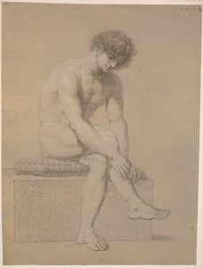 Modèle assis sur un bas piédestal avec coussin. Tourné vers la droite. Bras pendants. Jambes croisées - Nicolai Abildgaard