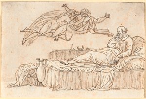 Socrate reposant sur son lit; dans les airs deux "daimons" flottants