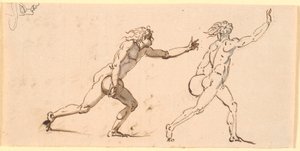 Deux hommes nus courant vers la droite, chacun avec une grosse pierre dans une main, et une esquisse de visage de profil