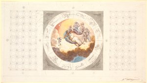 Esquisse pour une décoration de plafond avec caissons et au centre une image circulaire avec le matin répandant des fleurs - Nicolai Abildgaard