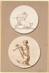 Esquisse pour deux reliefs circulaires, en haut un centaure archer, en bas un petit garçon appuyé sur une ancre