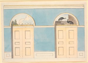Esquisse pour décoration murale avec panneaux semi-circulaires au-dessus de deux portes, sur murs bleus - Nicolai Abildgaard