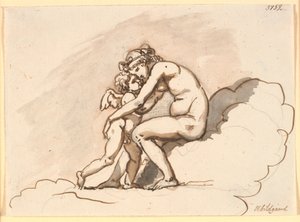 Vénus, assise dans les nuages, embrasse Cupidon