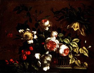 Roses, pivoines et autres fleurs sur un rebord