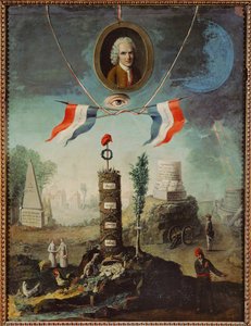 Allégorie de la Révolution française avec un portrait de Jean-Jacques Rousseau et un bonnet phrygien jacobin ...