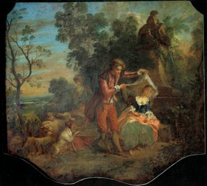Le berger indiscret Scène bucolique représentant un jeune berger soulevant le voile sous lequel une jeune bergère est endormie. Peinture de Nicolas Lancret (1690-1743). 18ème siècle Dim. 0,84 x 0,95 m. Tours, Musée des Beaux-Arts