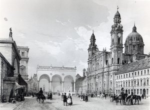Palais royal, salle des maréchaux et église des Théatins à Munich, première moitié du XIXe siècle