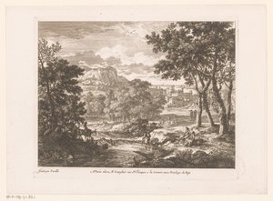 Paysage de montagne avec figures près de la rivière