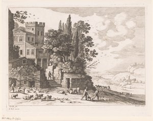 Paysage avec maison, personnages et bétail - Nicolas Perelle