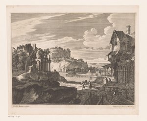 Paysage avec maisons et ruines le long de la rivière