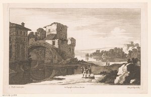 Paysage fluvial avec ruine et pont en arc