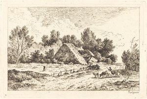 Une Basse Chaumière avec un Berger Menant son Troupeau - Nicolas Perignon