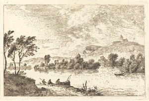 Paysage fluvial avec personnages et bateau au bord de l