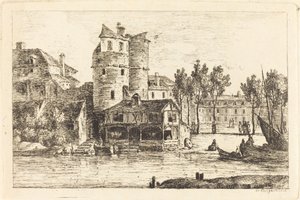 Ville sur une rive avec deux tours rondes