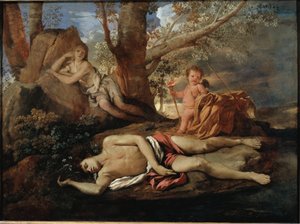 Écho et Narcisse illustration pour la légende qui a inspiré Ovide dans "Les Métamorphoses" Peinture de Nicolas Poussin