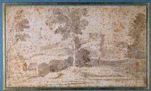 Paysage avec un grand arbre au centre et un belvédère - Nicolas Poussin