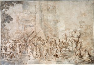 Le triomphe de David ramenant la tête de Goliath (dessin de Nicolas Poussin)