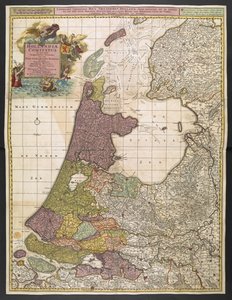 Carte de la Hollande, montrant les colonies, marais, bois, collines, routes, rivières et autres caractéristiques géographiques. Montre le titre dans un cartouche décoratif en haut à gauche avec la Renommée, Neptune et Thétis accompagnés de putti portant le