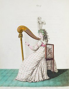 Dame jouant de la harpe en robe de soirée de la Galerie de la Mode de Nikolaus Heideloff, Vol II, avril 1795