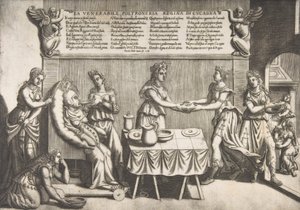 Vénérable Paresse, Reine de Cocagne, une femme grosse assise sur une chaise de toilette mobile - Nicolo Nelli