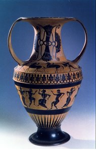 Amphore attique à figures noires représentant des danseurs, vers 535-38 av. J.-C.