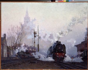 Sur la route. Les locomotives à vapeur noient le paysage urbain dans la fumée de leurs cheminées. Peinture de Nikolai Dmitryevich Kuznetsov (1923-1974), huile sur toile - Nikolai Dmitrievich Kuznetsov