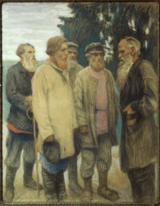 Léon Tolstoï avec des paysans / Pastel de Bogdanow-Bjelski