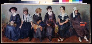 Troupe de théâtre. Portraits de six jeunes femmes assises les unes à côté des autres, aux expressions variées. Peinture de Nikolai Alexeyevich Kasatkin (Kasatkine) (1859-1930)