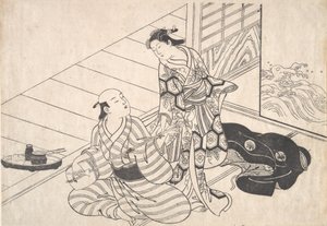 Dame interrompant son amant, qui joue du shamisen - Nishikawa Sukenobu