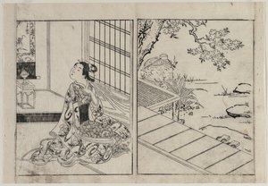 Femme regardant un rouleau suspendu, vers 1740 - Nishikawa Sukenobu