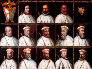 Armoiries de la République de Gênes et portraits des Doges - Simone Boccanegra, Ottaviano Fregoso et Antoniotto II Adorno; Andrea Doria. Oberto Cattaneo Lazzari, Battista Spinola, Battista Lomellini, Cristoforo Grilaldi Rosso, Giovanni Battista Doria
