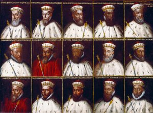 Blason de la République de Gênes et portraits des Doges. Gaspare Grimaldi Bracelli, Luca Spinola, Giacomo Promontorio, Agostino Pinello Ardimenti, Pietro Giovanni Chiavica, Girolamo Vivaldi, Paolo Battista Giudice, Battista Cicala Zoaglio, Giovan