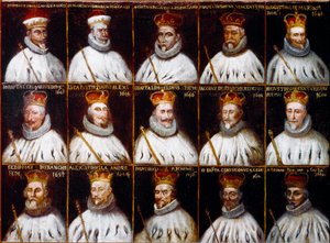 Blason de la République de Gênes et portraits des Doges. Giovanni Stefano Doria, Francesco Gio. Brignole Sale, Agostino Pallavicini, Giov.Battista Durazzo, Agostino Giovanni De Marini, Giovan Battista Lercari, Luca Giustiniani, Giovanni Battista L
