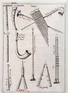 Instruments à vent. Page de « de Tribus Generibus Instrumentorum Musicae Veterum », ouvrage sur les anciens instruments par Francesco Bianchini