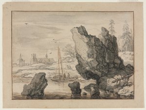 Une crique rocheuse avec des bateaux de pêche