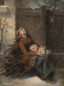Mère morte démunie tenant son enfant endormi en hiver