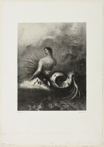 Sirène sortant des vagues, vêtue de flammes, planche 4 de 8 de "Les Origines" - Odilon Redon