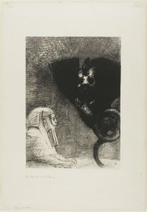 Le Sphinx : "...mon regard que rien ne peut détourner, traversant les objets, reste fixé sur un horizon inaccessible." La Chimère : "Quant à moi, je suis légère et joyeuse," planche 5 de À Gustave Flaubert - Odilon Redon
