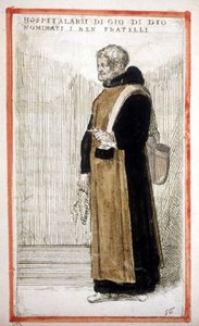 Ordre religieux : les Frères Hospitaliers de Saint Jean de Dieu. Gravure du 16ème siècle. Selon O. Fialetti.