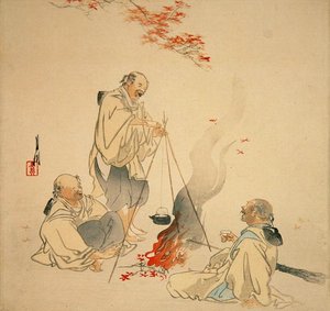 Boire du saké sous un érable, c.1890s-1900s - Ogata Gekko