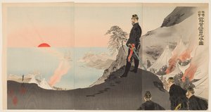 Officiers et hommes admirant le lever du soleil en bivouac dans les montagnes de Port Arthur