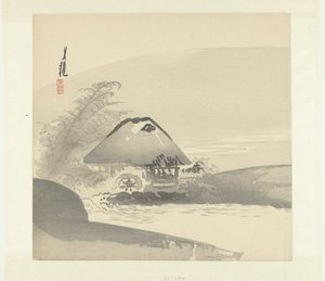 Paysage fluvial avec maison et roue à eau - Ogata Gekko