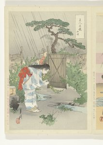 Femme se penchant sur un buisson de Yamabuki