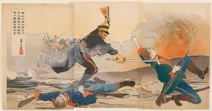 À la bataille de Nanshan, le premier lieutenant Shibakawa Matasaburō a mené ses hommes en brandissant un éventail de guerre au soleil levant