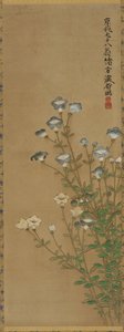 Fleurs bleues et blanches sur des tiges fines, période Edo