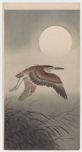 Héron volant et pleine lune